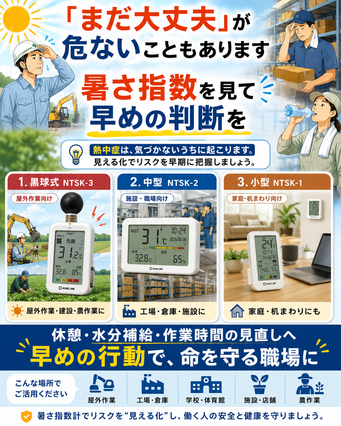 熱中症対策は暑さの見える化からKingJim NTSK-1-W、NTSK-2-W、NTSK-3-W