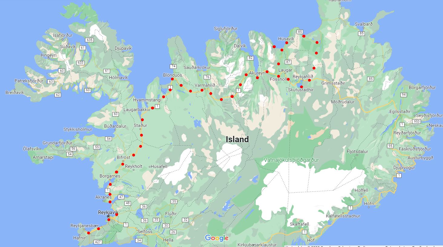 Von Reykjavik geht es auf der Ringstrasse weiter in den Nordosten der Insel nach Akureyri, eine ca. 5-stündige Autofahrt