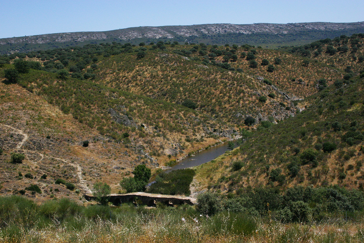 Weg durch das Tal des Arroyo de la Vid mit uralter Steinbrücke