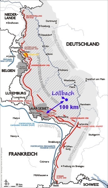 En rouge la ligne de Front le 21/02/1945 qui correspond à peu près au tracé de la ligne Siegfried