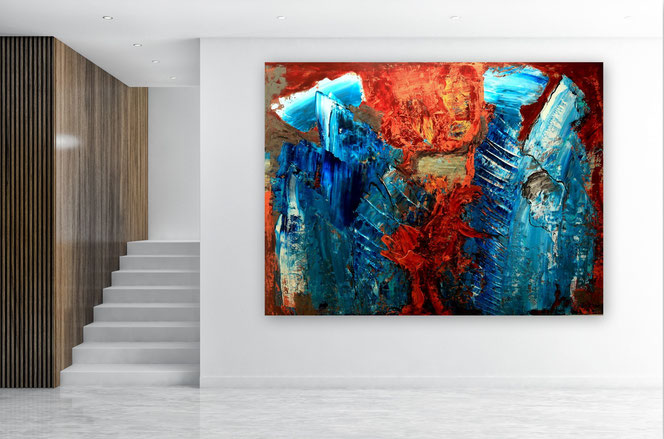 Moderne Leinwandbilder, Gemälde, Acrylbilder, Abstrakte Malerei, Blau, Silber, Rot, Bunt, Querformat,