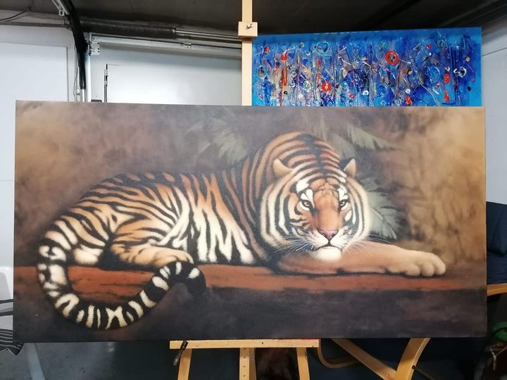 Peter Dessoy, Ruhender Tiger, Acryl auf Leinwand 50x200cm 520,-€