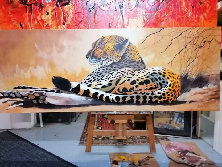 Peter Dessoy, "Ruhender Leopard" Acryl auf Leinwand 50x200cm 520,-€