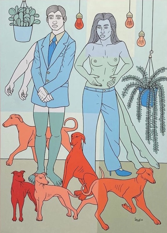 Julian Semiao, Poursuite, 155X110cm, acrylique sur toile, figuration libre. Vernissage le 08 juillet Galerie Gabel, Biot