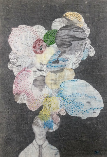 Yanne Kintgen, tableau sur lin peint et brodé, 21X29cm + cadre. Galerie Gabel, Biot