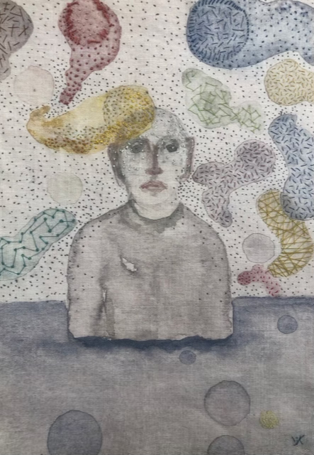 Yanne Kintgen, tableau sur lin peint et brodé, 21X29cm + cadre. Galerie Gabel, Biot