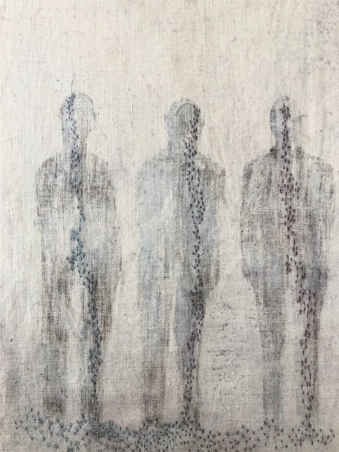 Yanne Kintgen, tableau sur lin peint et brodé, 21X29cm + cadre. Galerie Gabel, Biot