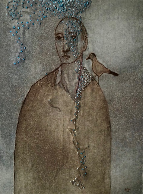 Yanne Kintgen, tableau sur lin peint et brodé, 21X29cm + cadre. Galerie Gabel, Biot