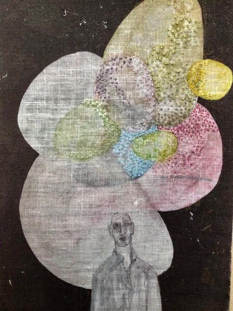 Yanne Kintgen, tableau sur lin peint et brodé, 21X29cm + cadre. Galerie Gabel, Biot
