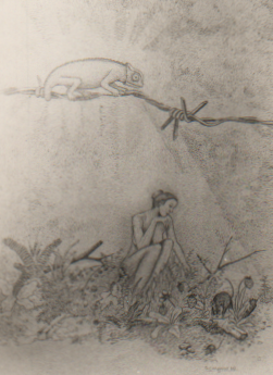 "TOPO MANGIA TOPO", dal ciclo "IL VIAGGIO, matita su carta gialla, cm. 35x50; collezione privata Napoli.