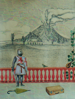 "IL CAVALIERE", tecnica mista su carta gialla cm. 35x50.