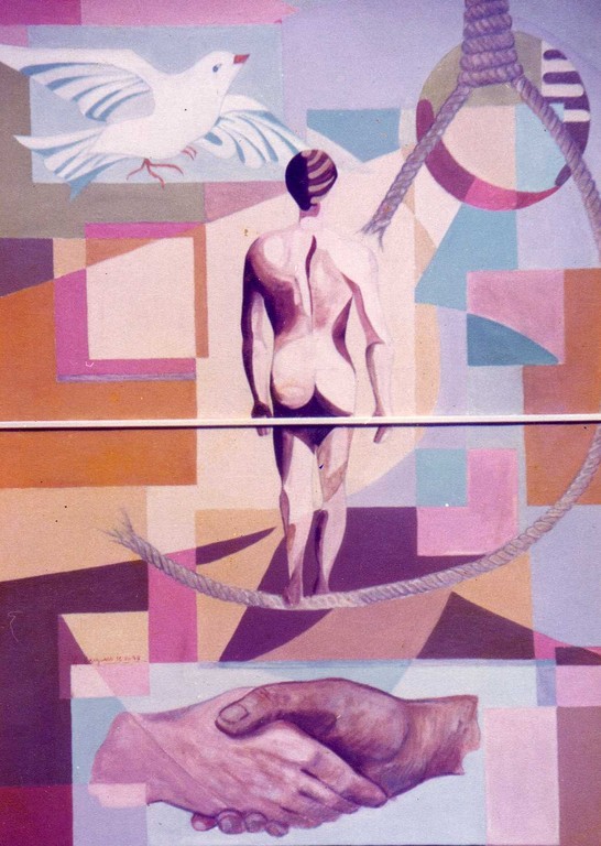 NO ALLA VIOLENZA, olio su tela (dittico, anno 1979)  cm 70x100, Collezione Comune di Ercolano