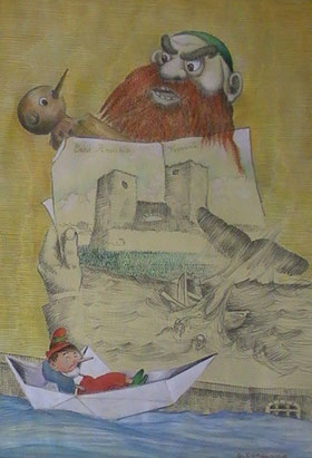 "Caro Pinocchio", tecnica mista su carta gialla cm 35x50