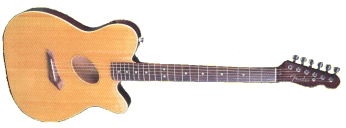  Eine typische E-/A-Gitarre aus der Zeit Ende der 80er/Anfang der 90er: die Telecoustic von Fender, noch heute gebaut, aber nicht mehr ganz so “schräg”   
