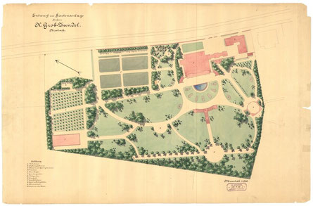 Schauplan aus den Beständen des Archivs für Schweizer Landschaftsarchitektur ASLA: Evariste Mertens, Zürich (1846 - 1907), Gartenanlage K. Grob-Zundel, Riesbach (Villa Patumbah, Zürich), 1889, Papier, koloriert.  - © Copyright SLA 