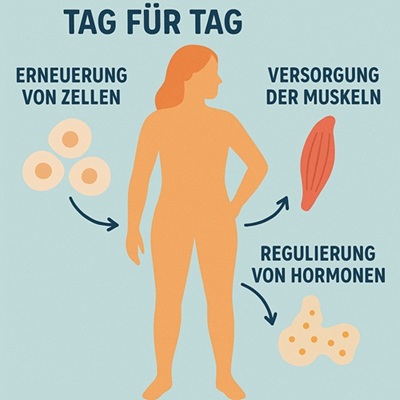 Grafik zeigt, wie Mikronährstoffe Tag für Tag Zellen erneuern, Muskeln versorgen und Hormone regulieren