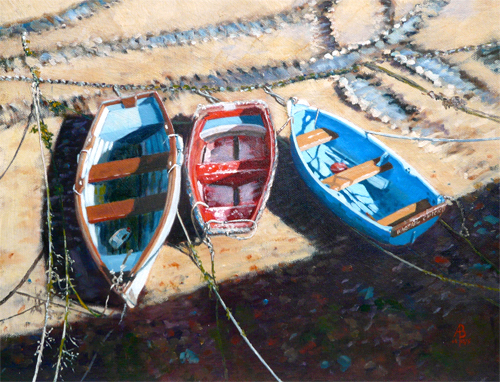 A Tangle of Tracks and Tenders - Oil on canvas board, 12 x 16 inches (30 x 40 cm).  