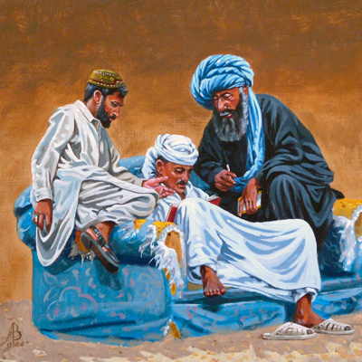 Goat market accountants in the shade, UAE - Acrylic on heavy card, 12 x 12 inches (30 x 30 cm).  Private customer