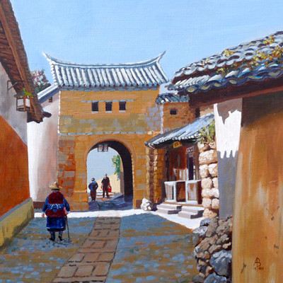Village gate near Dali, Yunnan province, China - Acrylic on heavy card, 12 x 12 inches