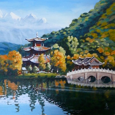 Black Dragon lake, Lijiang, Yunnan province, China - Acrylic on heavy card, 12 x 12 inches