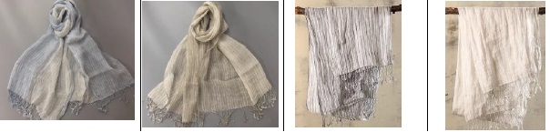 取扱商品／スカーフ／麻100％／縦約170×横約70㎝(フリンジ含まず)／左からライトグレー・モカ・ブラック・ブルー