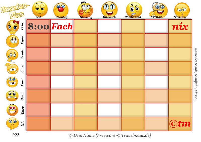 Stundenplan Zum Eintragen Und Ausdrucken  Kalender