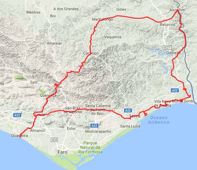 10.3.2017: 230 km Tagesstrecke; Quarteira- Monte Gordo-Alcoutim -Cachopo-Loule-Quarteira