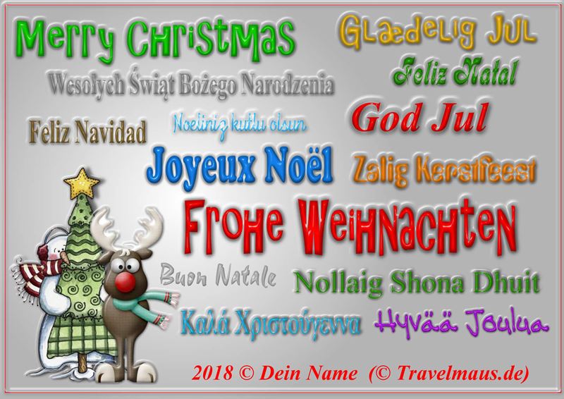 Christmaskarte mit internationalen Weihhnachtsgrüßen