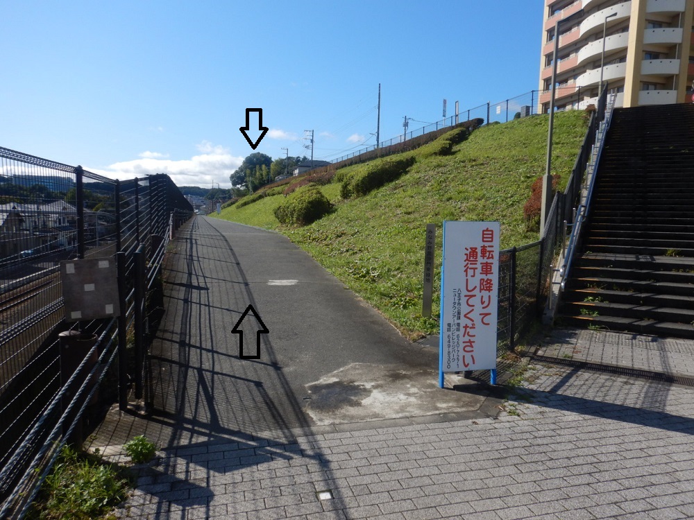 みなみ野毘沙門東緑地に入ります（矢印方向に見えてきました）