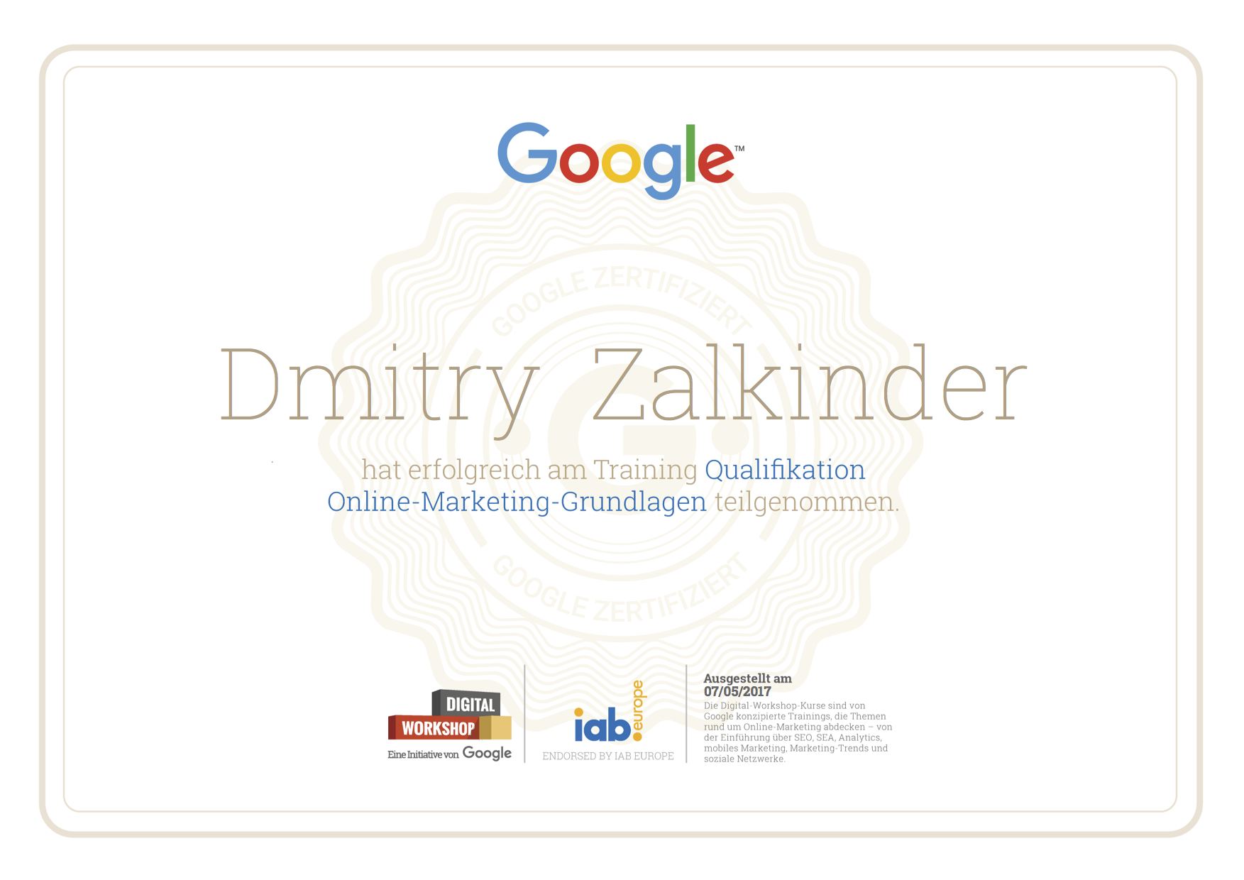 Google OnlineMarketing Zertifikat 360 Grad Aufnahmen & Google My