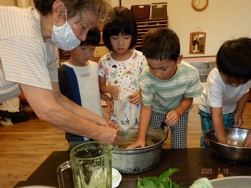 藍をミキサーで小さくしてお鍋に入れて、純毛の毛糸を投入～。何色になるかな～？