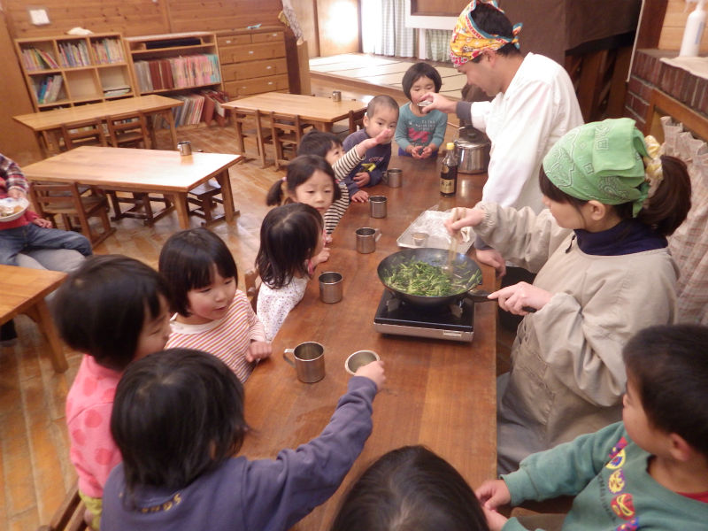 【３歳児（かぜ組）】育てた水菜を収穫しておいしく調理してもらいました。しょう油、酒、みりんにごま油で炒めてもらい、とってもいい香り。昼食時、ごはんにの上に乗せてもらっておいしくいただいました。