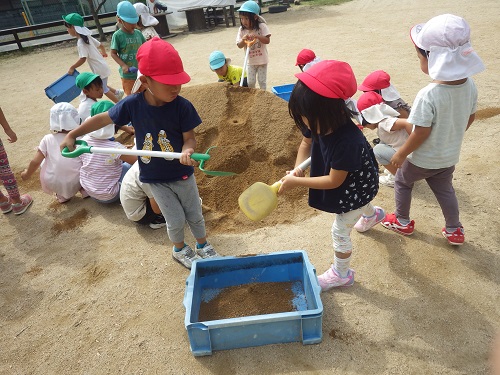 グラウンドに新しい土がたくさん。協力して地面をならします。（3歳児）