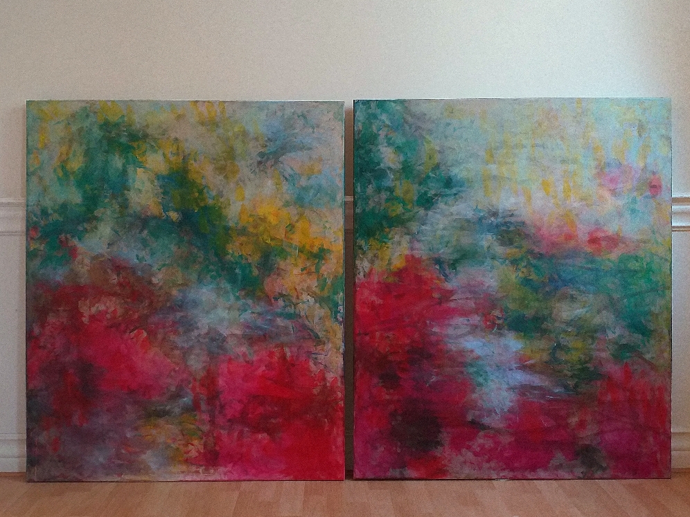 Diptych 200x120cm 'Landscape in red, green and yellow'.