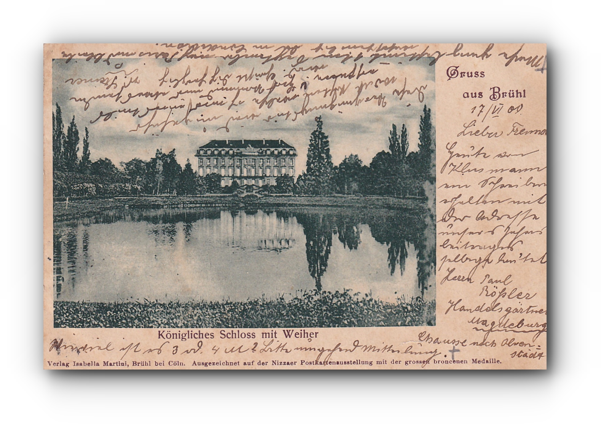 - Königliches Schloss mit Weiher - Gruss aus BRÜHL - 17.06.1900 -