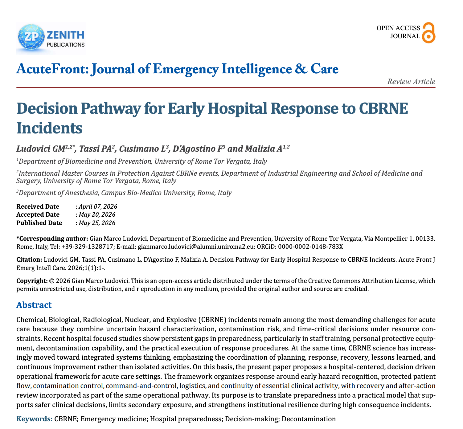 New Scientific Publication: Decision Pathway for Early Hospital Response to CBRNE Incidents