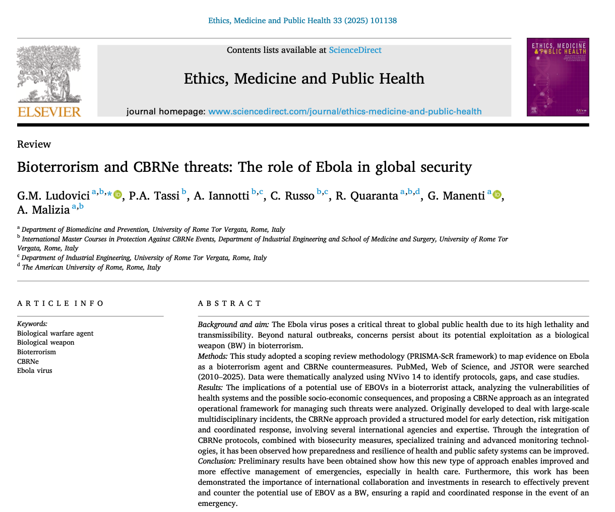New Publication: Bioterrorism and CBRNe threats – The role of Ebola in global security