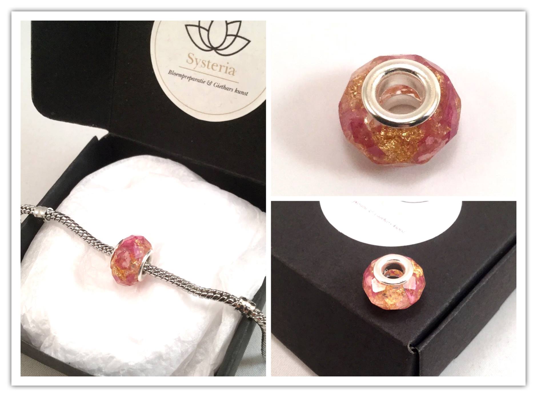 Facetgeslepen kraal Pandora/Trollbeads style met roze rozenblaadjes en goudvlokken