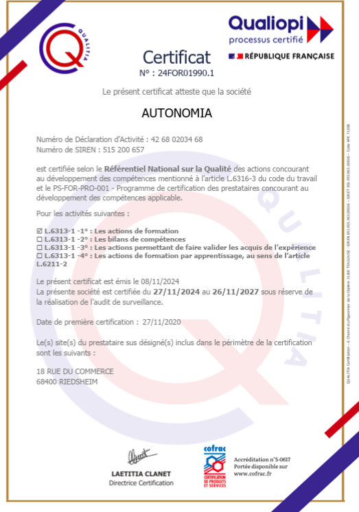 Certificat de conformité Qualiopi Autonomia