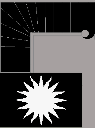 Etude graphique, palier 1° étage, dessins soleil et escalier accès du hall au premier palier