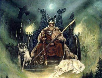Odin zittend op Hlidskjalf, met zijn speer en zijn beide wolven. 