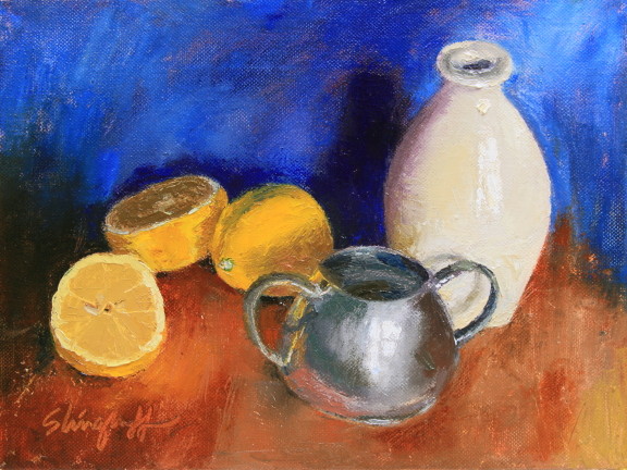 Lemons with Pottery and Pewter, Oil, 9x12" Available