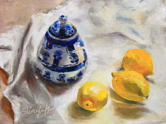 A Lemon Trio with Blue and White, Oil, 9x12"-- SOLD