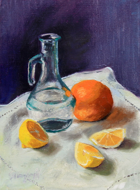 Glass Bottle with Citrus, Oil, 9x12"-- SOLD