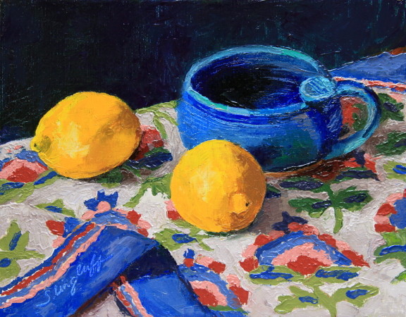 Lemons on Flowered Cloth, Oil, 8x10"-- SOLD