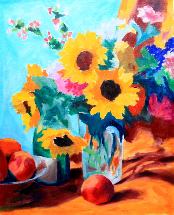 Sunflowers with Oranges, Oil on Canvas, 16x20" PRIVATE COLLECTION