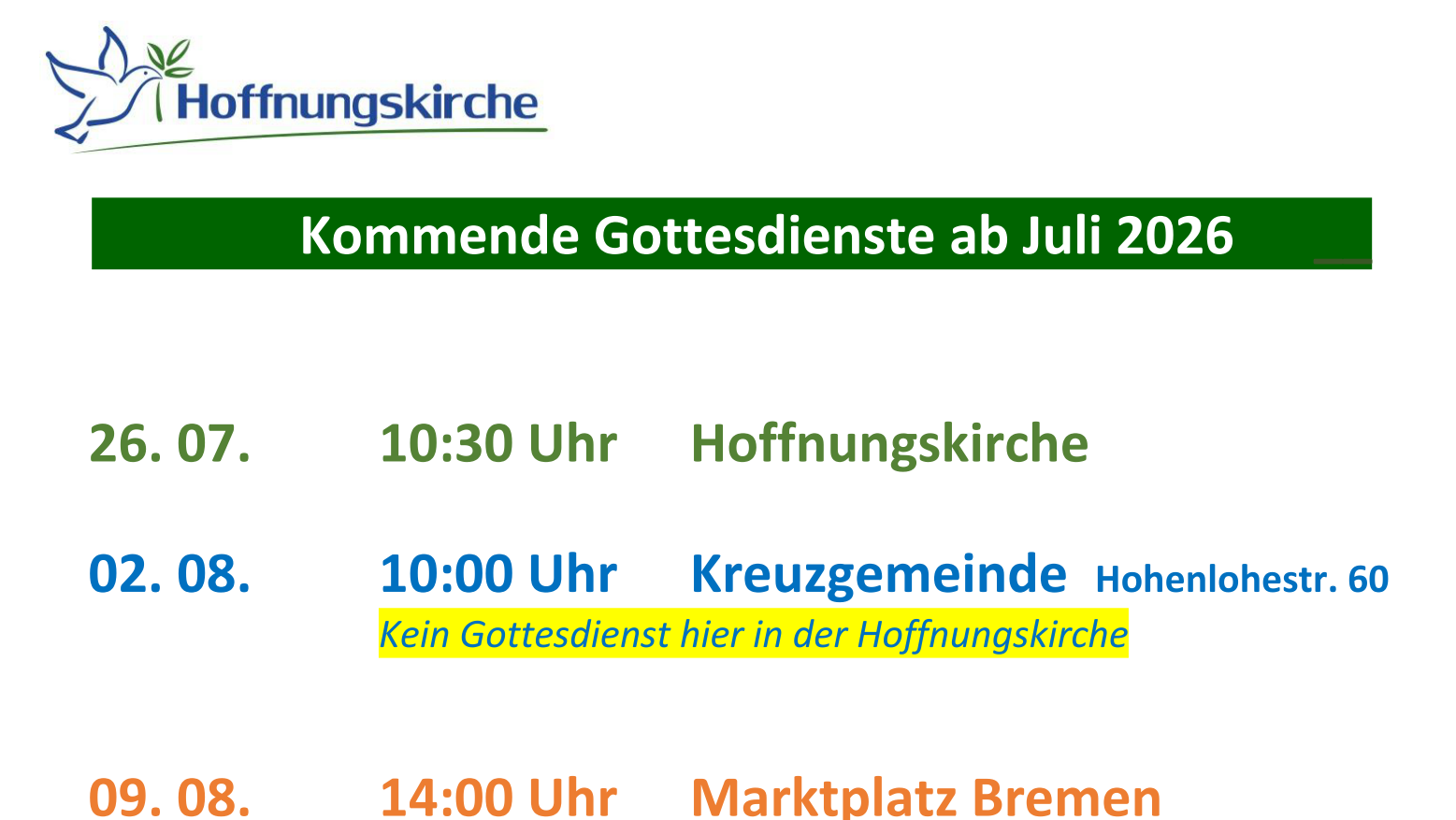 Kommende Gottesdienste der Hoffnungskirche