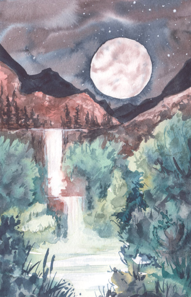 Nächtliches Aquarellbild von einem Mond, der über einem Wasserfall scheint