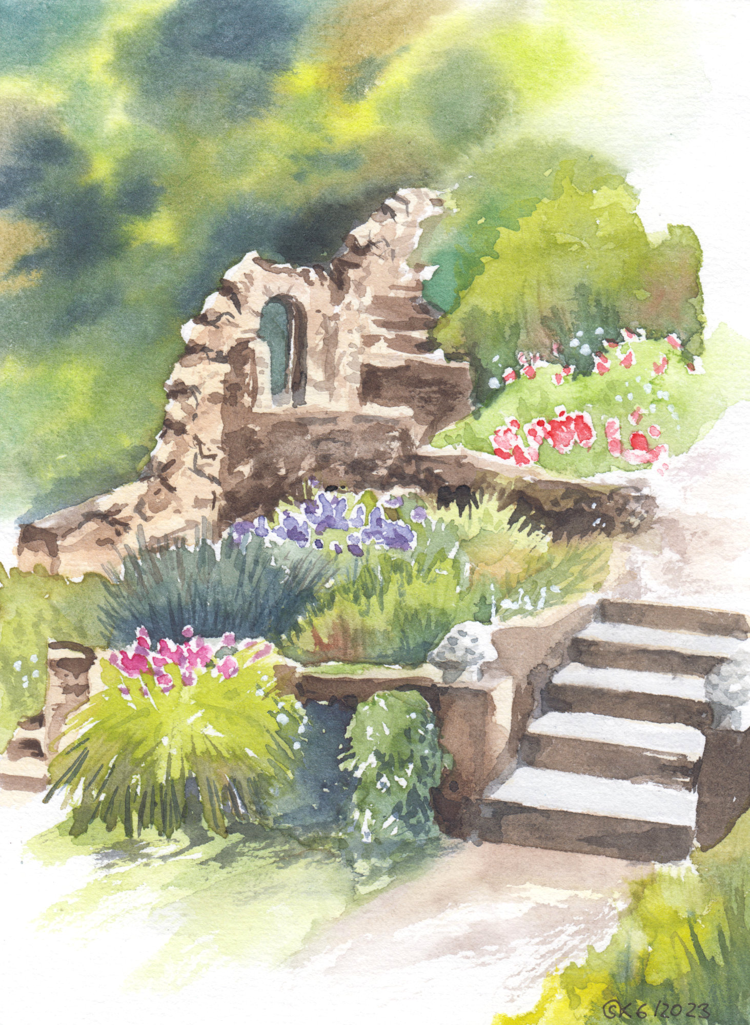 Aquarellbild "Alte Ruine in englischem Garten": Runie inmitten von schön angelegtem Garten mit Blühpflanzen, Büschen und Bäumen