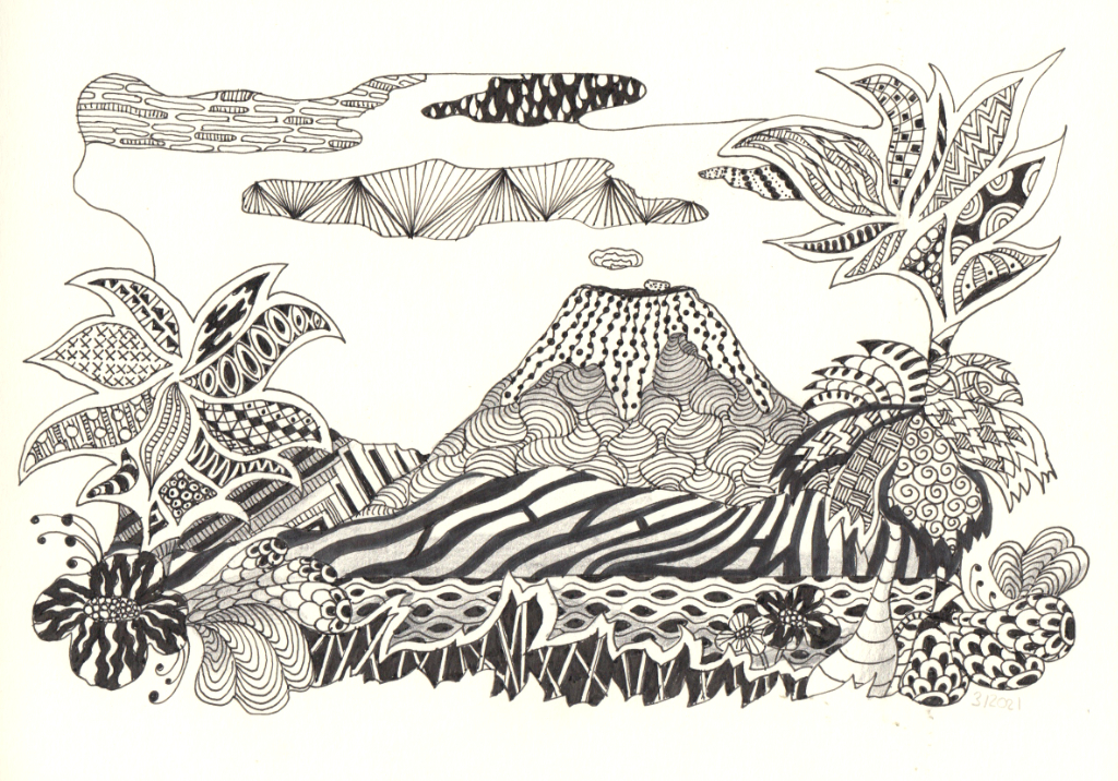 Zentangle "Tropischer Vulkan": Vulkan mit Rauchwolke, See, Gras, Blume und zwei Palmen
